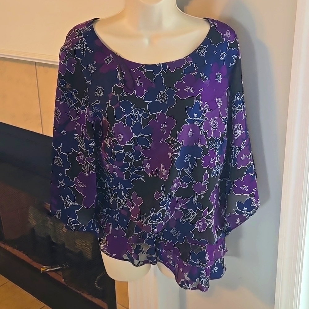 Sz L Alex Evenings top purple, blue, and black floral